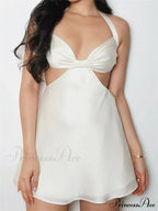 Spaghetti Strap Backless Satin Halter Hollow Out Mini Dress image 8