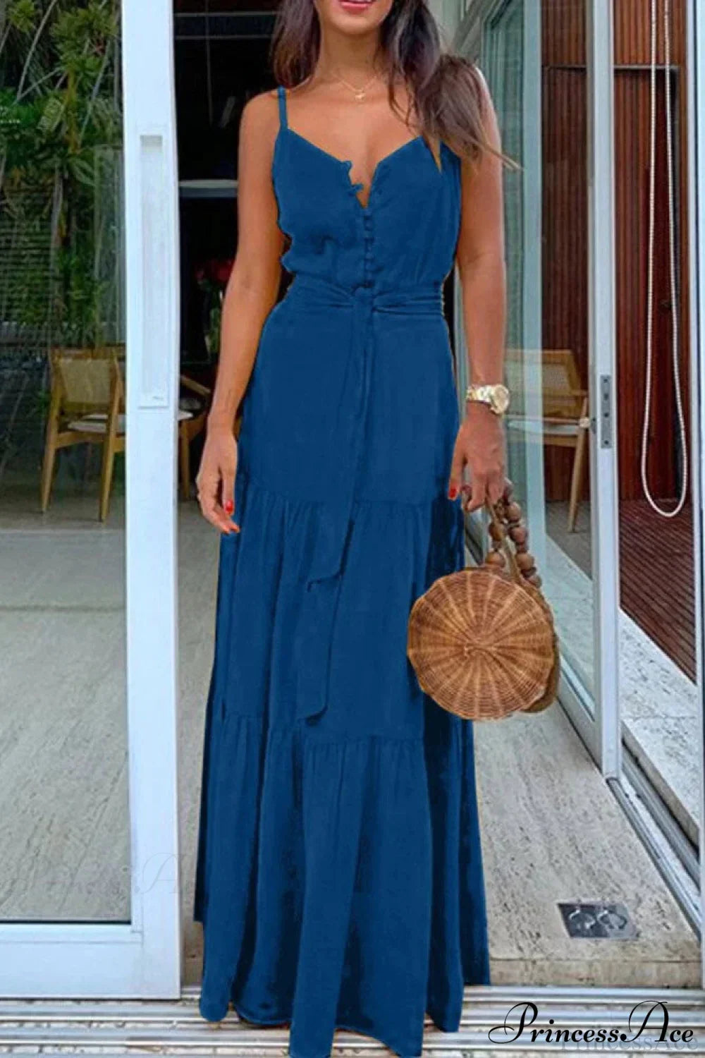 Spaghetti Strap Button Bandage Maxi Dress image 2