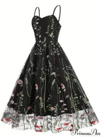 Spaghetti Strap Embroidered Tulle Panel Retro Floral Dress image 2