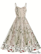 Spaghetti Strap Embroidered Tulle Panel Retro Floral Dress image 5
