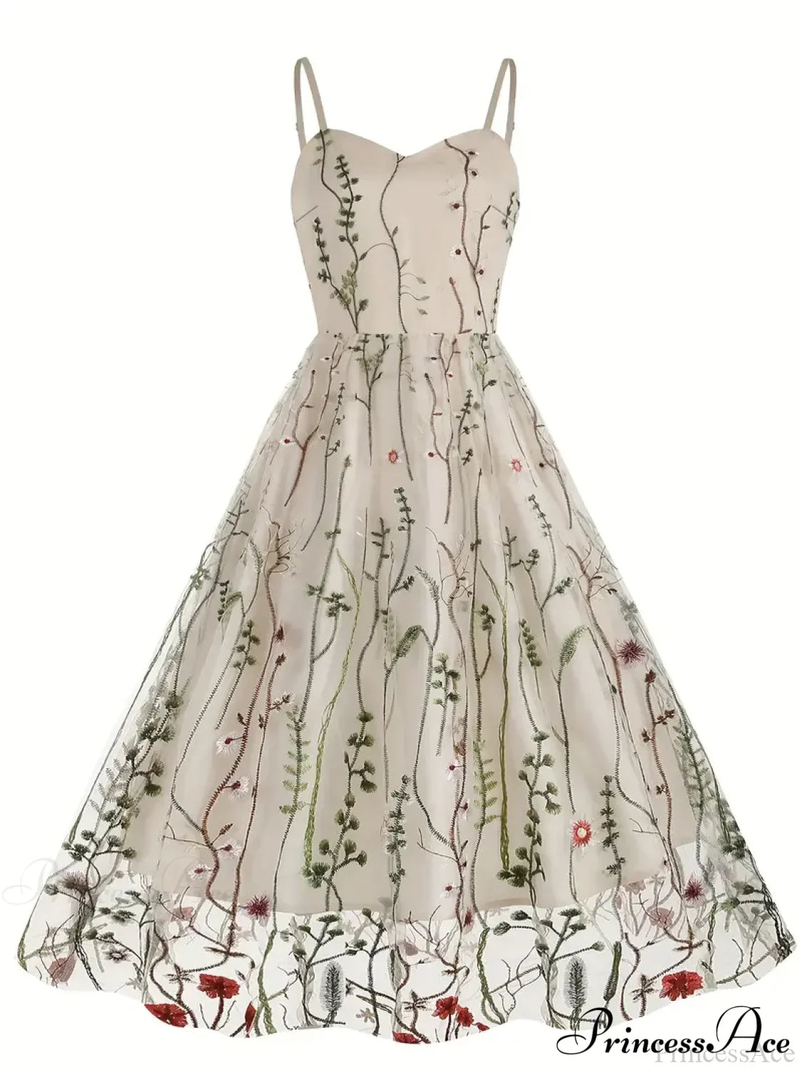 Spaghetti Strap Embroidered Tulle Panel Retro Floral Dress image 5