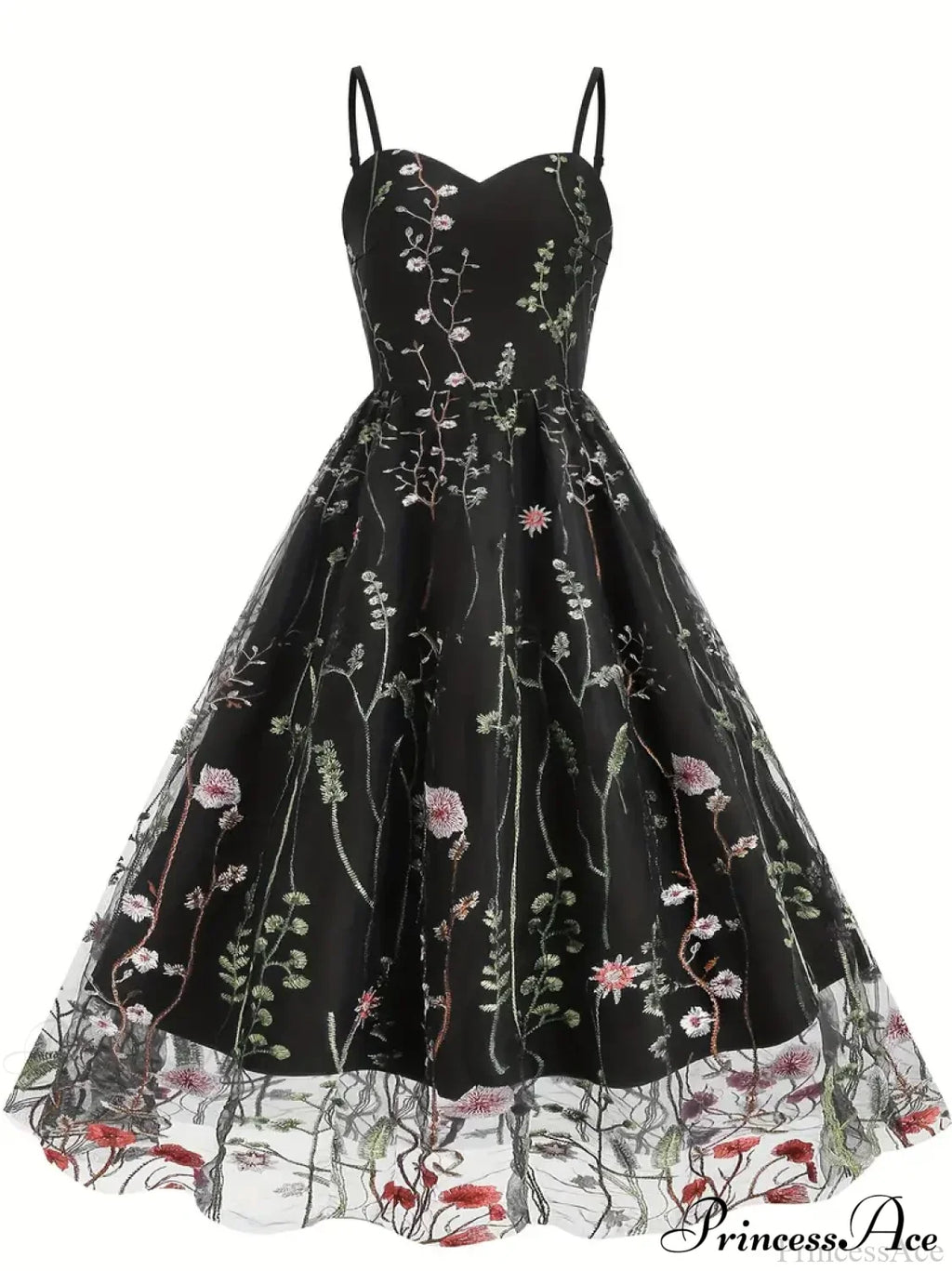 Spaghetti Strap Embroidered Tulle Panel Retro Floral Dress image 1