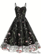 Spaghetti Strap Embroidered Tulle Panel Retro Floral Dress image 1