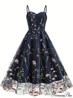 Spaghetti Strap Embroidered Tulle Panel Retro Floral Dress image 3