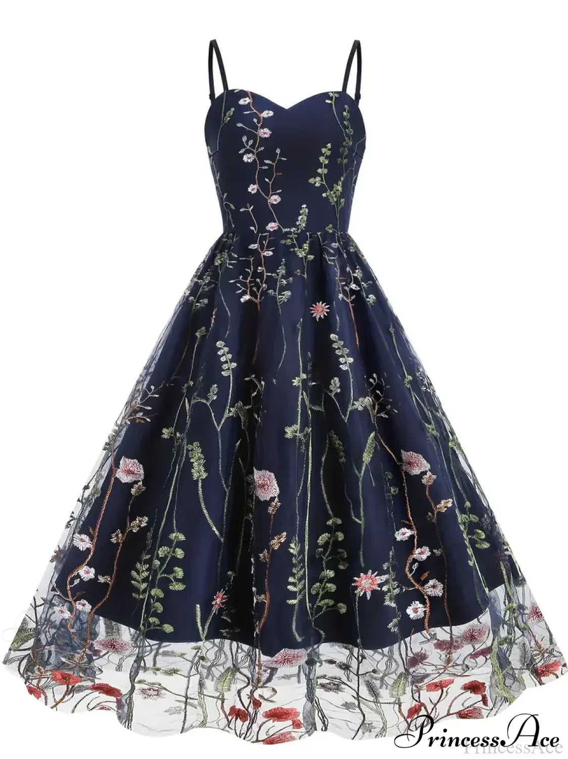 Spaghetti Strap Embroidered Tulle Panel Retro Floral Dress image 3