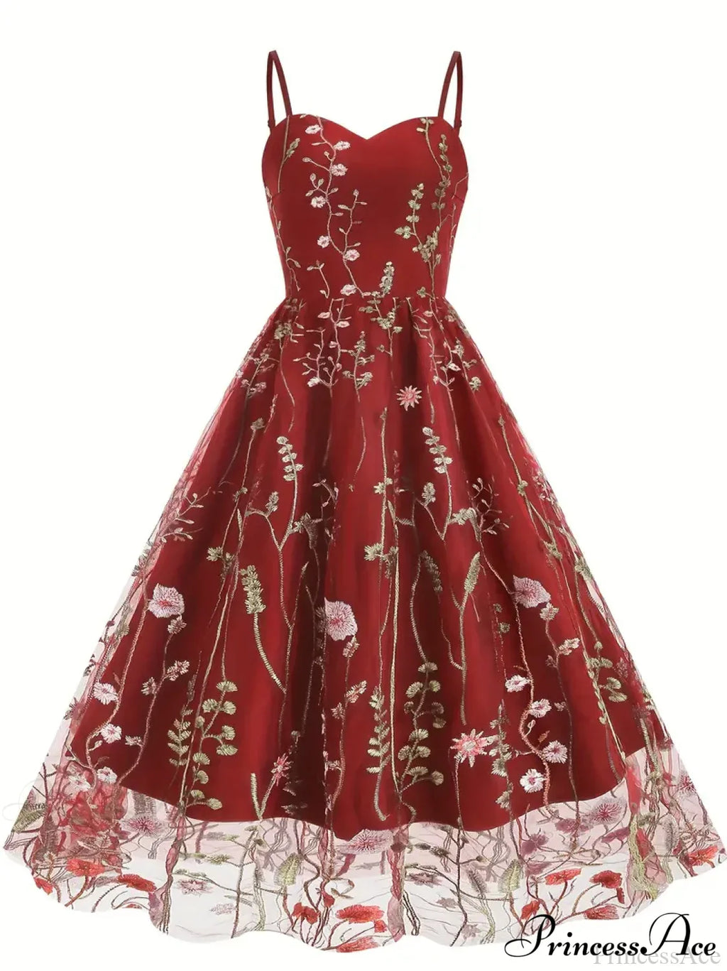 Spaghetti Strap Embroidered Tulle Panel Retro Floral Dress image 6