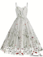 Spaghetti Strap Embroidered Tulle Panel Retro Floral Dress image 4