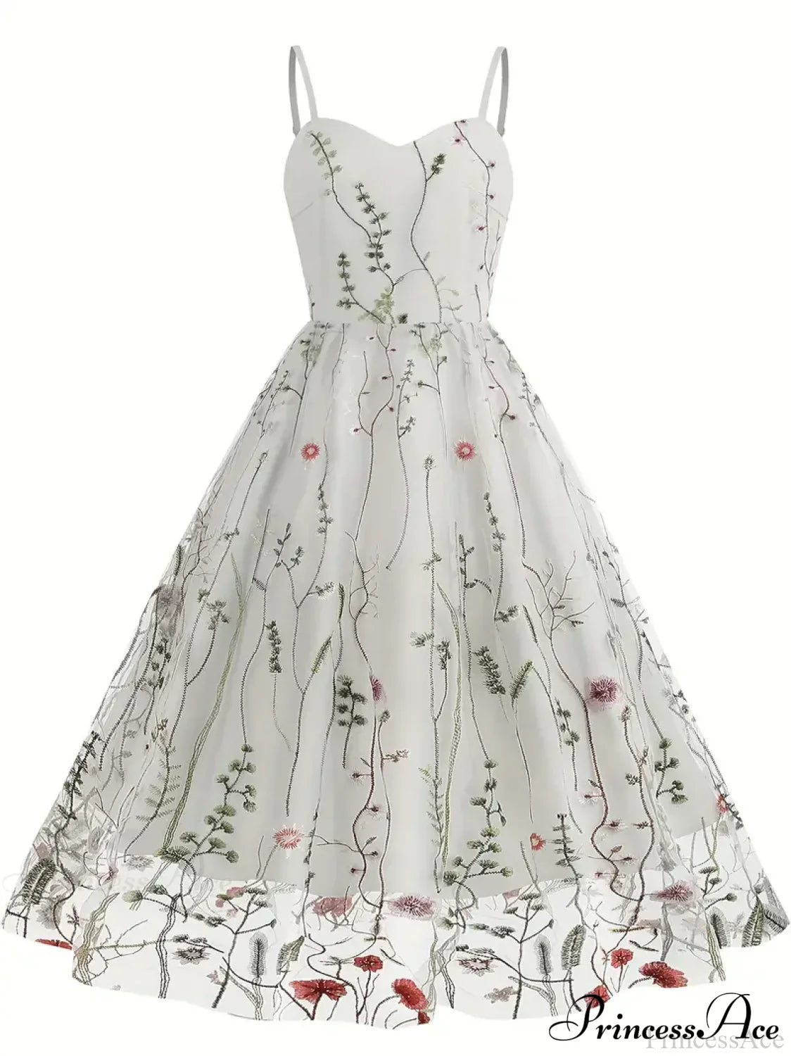 Spaghetti Strap Embroidered Tulle Panel Retro Floral Dress image 4