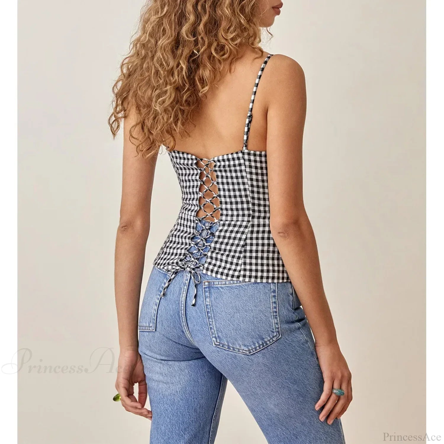 Spaghetti Strap Front Button Gingham Lace Up V Neck Casual Crop Top image 2