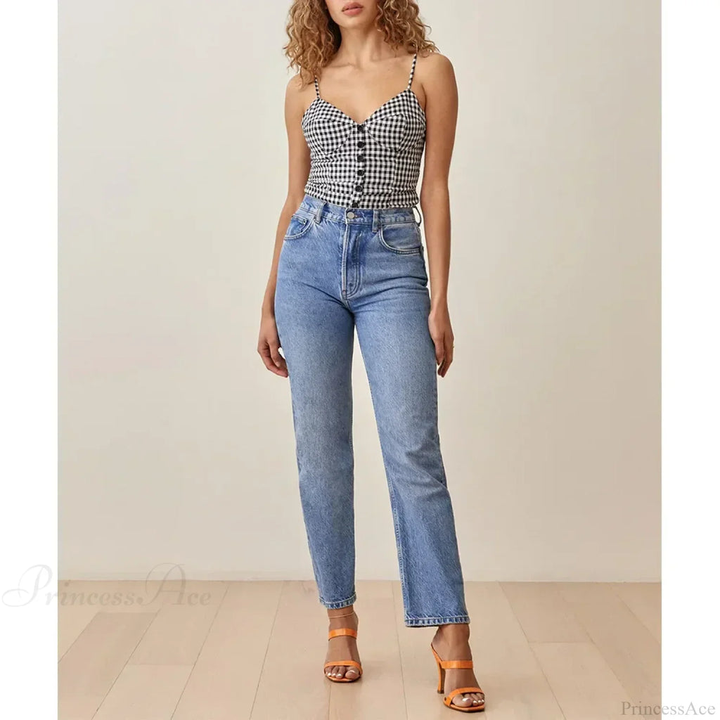 Spaghetti Strap Front Button Gingham Lace Up V Neck Casual Crop Top image 3
