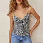 Spaghetti Strap Front Button Gingham Lace Up V Neck Casual Crop Top image 1
