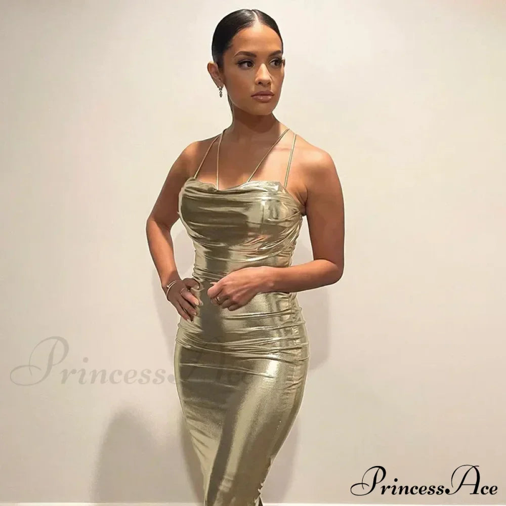 Spaghetti Strap Gold Midi Fashion Wrap Chest Slim Backless Summer Party Club Bodycon Dress image 2