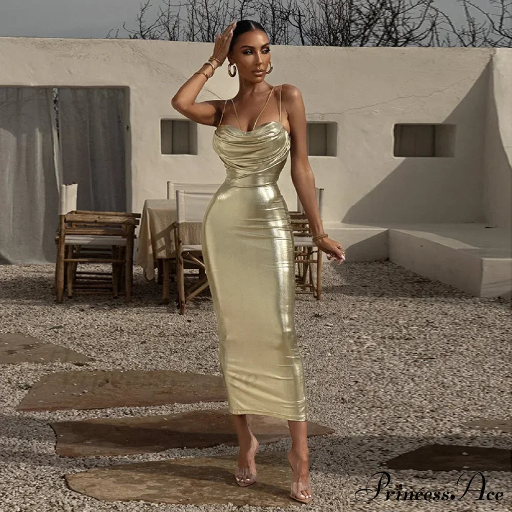 Spaghetti Strap Gold Midi Fashion Wrap Chest Slim Backless Summer Party Club Bodycon Dress image 1