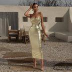 Spaghetti Strap Gold Midi Fashion Wrap Chest Slim Backless Summer Party Club Bodycon Dress image 1