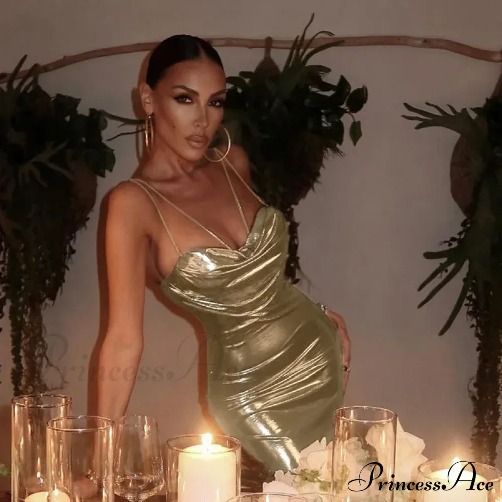 Spaghetti Strap Gold Midi Fashion Wrap Chest Slim Backless Summer Party Club Bodycon Dress image 4