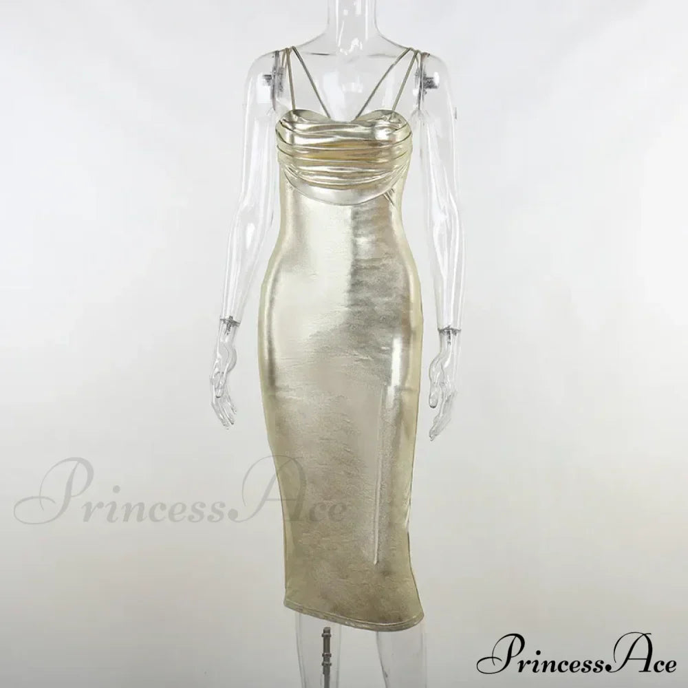 Spaghetti Strap Gold Midi Fashion Wrap Chest Slim Backless Summer Party Club Bodycon Dress image 3