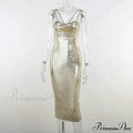 Spaghetti Strap Gold Midi Fashion Wrap Chest Slim Backless Summer Party Club Bodycon Dress image 3