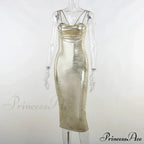 Spaghetti Strap Gold Midi Fashion Wrap Chest Slim Backless Summer Party Club Bodycon Dress image 3