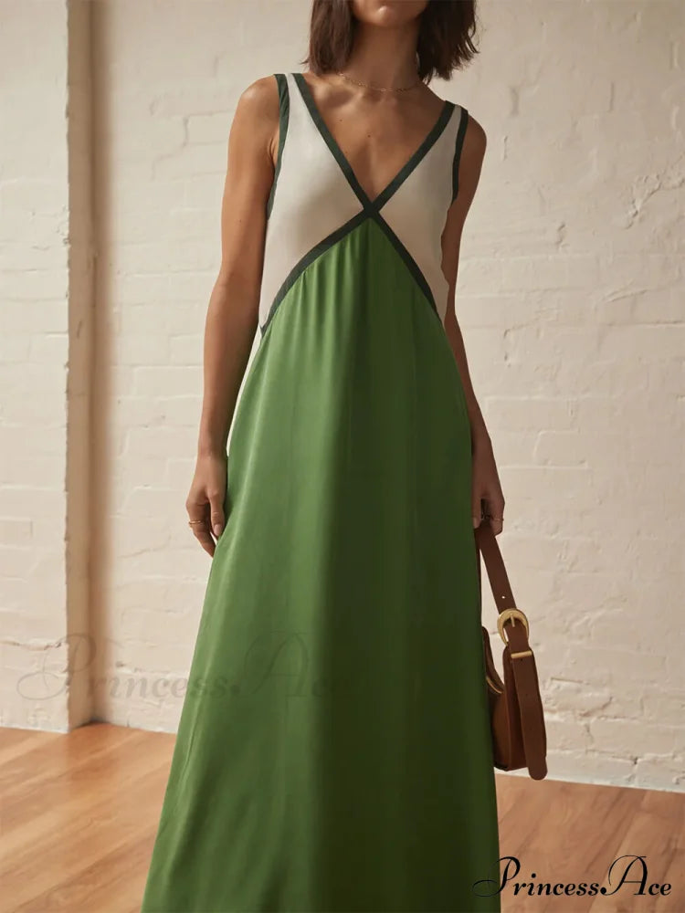 Splicing Chic V-neck Charming Contrasting Color Dress image 2