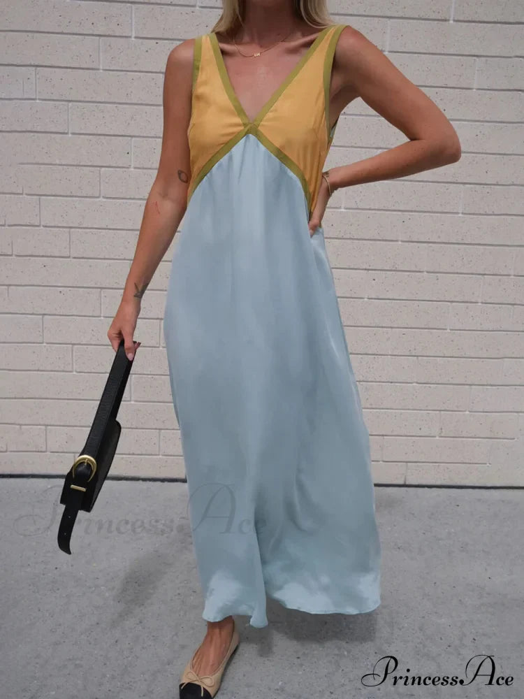 Splicing Chic V-neck Charming Contrasting Color Dress image 6