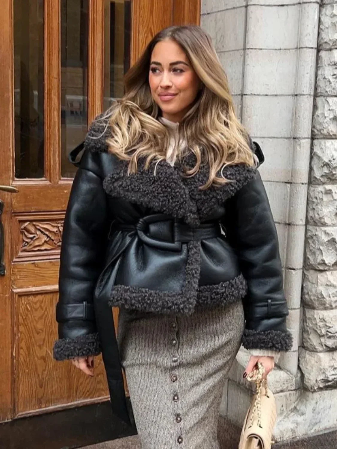 Splicing Thicken Warm Leather Coat image 5