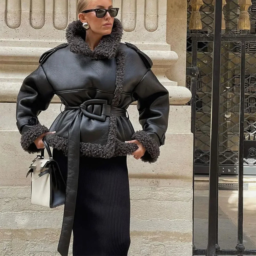 Splicing Thicken Warm Leather Coat image 7