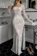 Split Sheer Jacquard Lace Long Sleeve Maxi Dress image 1