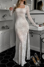 Split Sheer Jacquard Lace Long Sleeve Maxi Dress image 1