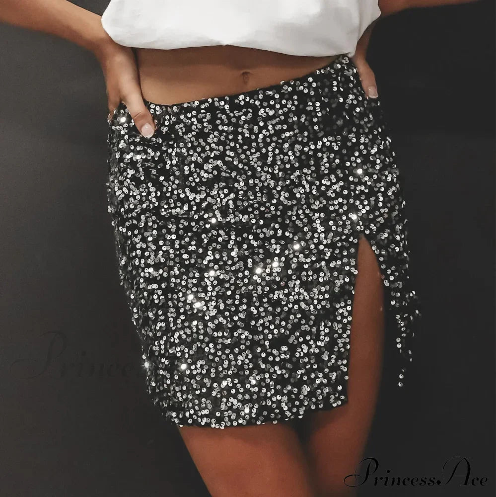 Split Shimmering Sequin Tight Mini Party Clubwear Skirt image 3