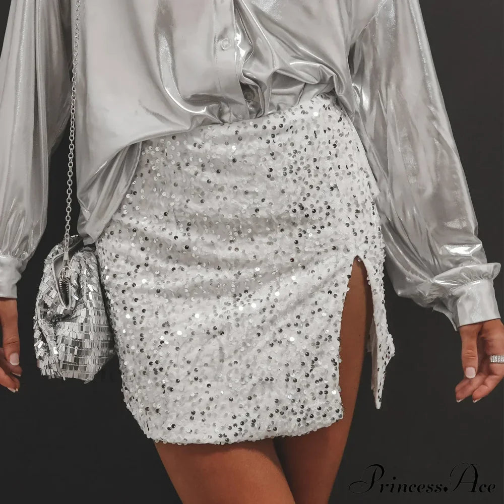 Split Shimmering Sequin Tight Mini Party Clubwear Skirt image 1