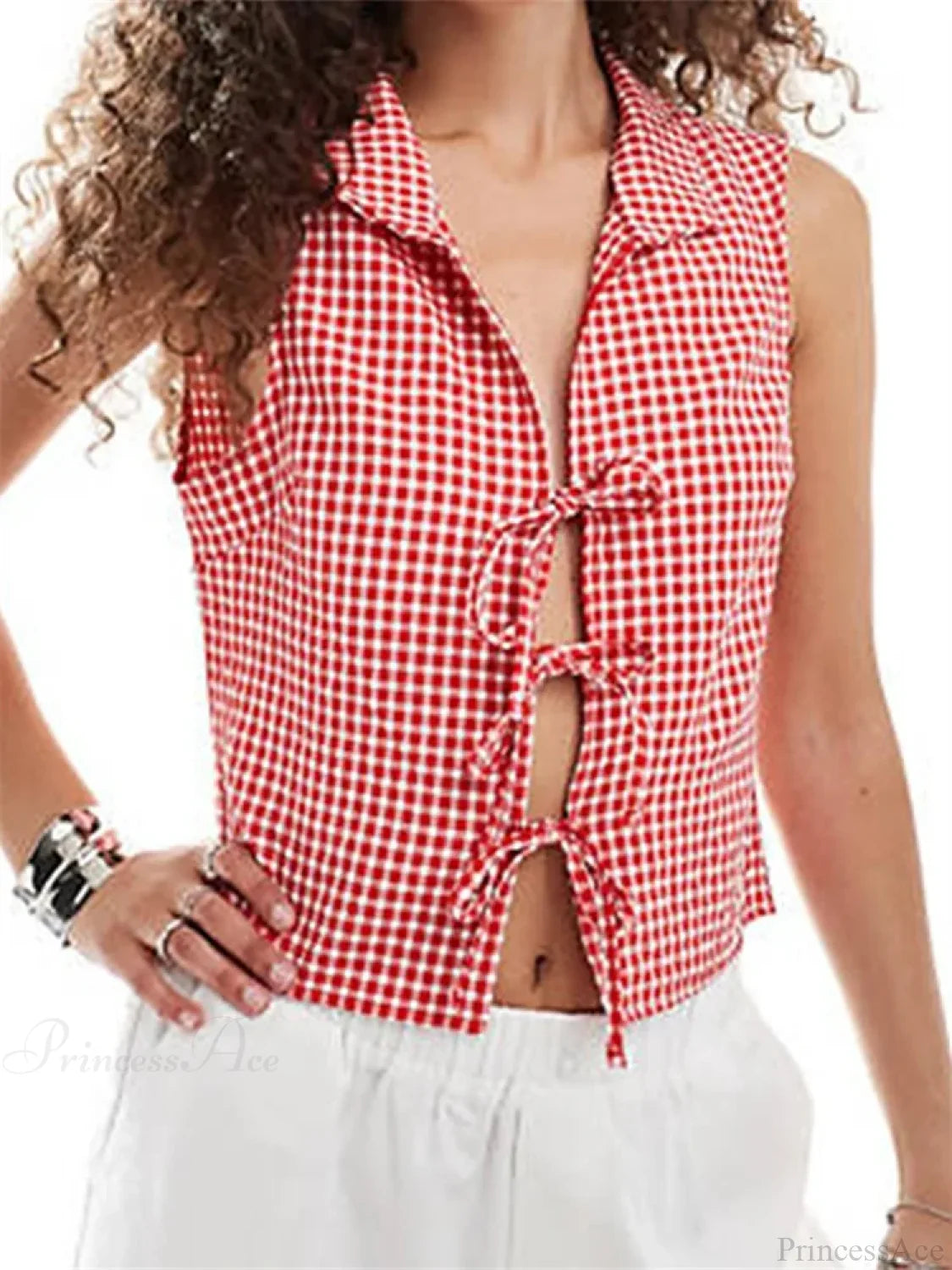 Split Tie-up Plaid Lapel Collar Tank Crop Top image 3