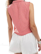 Split Tie-up Plaid Lapel Collar Tank Crop Top image 2