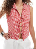 Split Tie-up Plaid Lapel Collar Tank Crop Top image 1