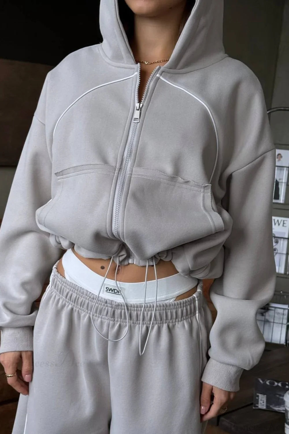 Sporty Color Block Hooded Straight-Leg Pants Two Piece Set image 5