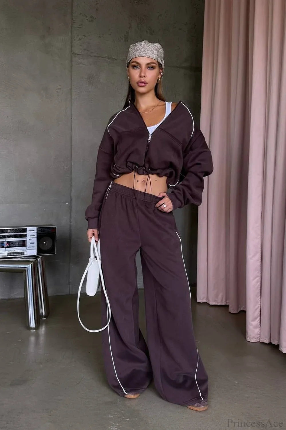 Sporty Color Block Hooded Straight-Leg Pants Two Piece Set image 1