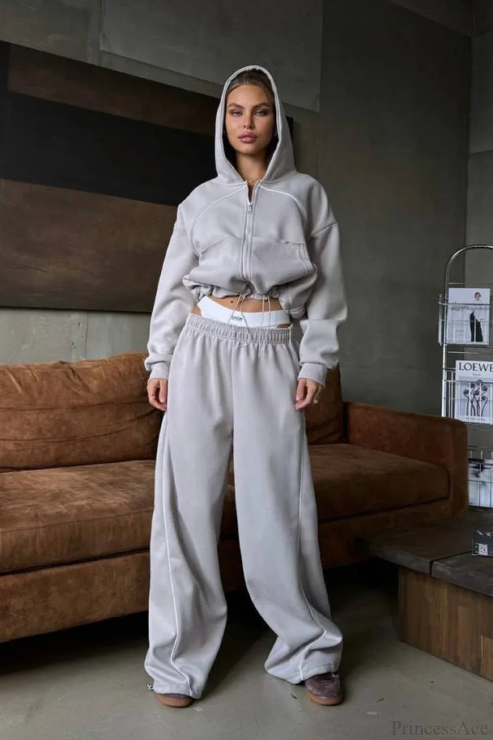 Sporty Color Block Hooded Straight-Leg Pants Two Piece Set image 4