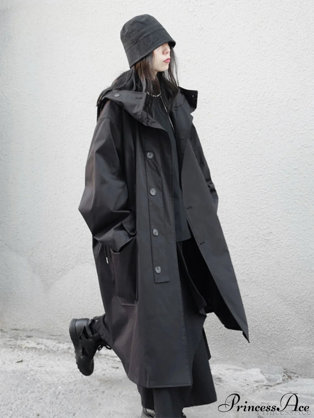 Spring Autumn Long Oversized Black Hood Dark Aesthetic Luxury Designer Stylish Coat image 1