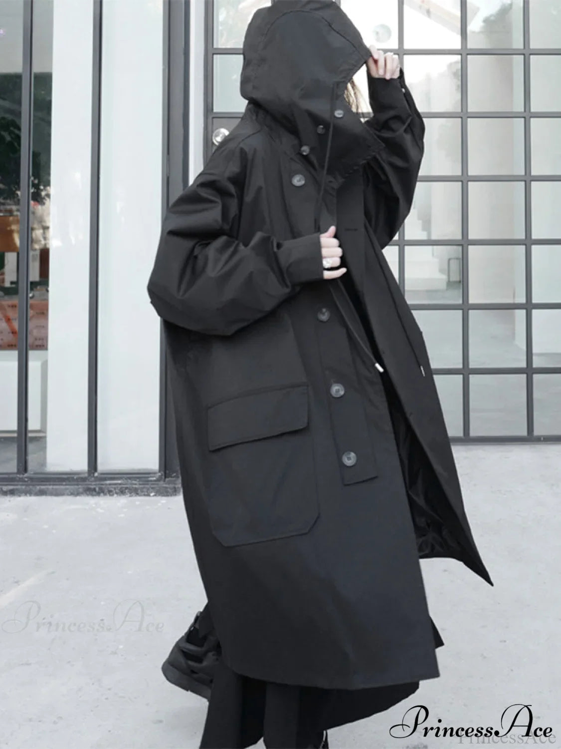 Spring Autumn Long Oversized Black Hood Dark Aesthetic Luxury Designer Stylish Coat image 4