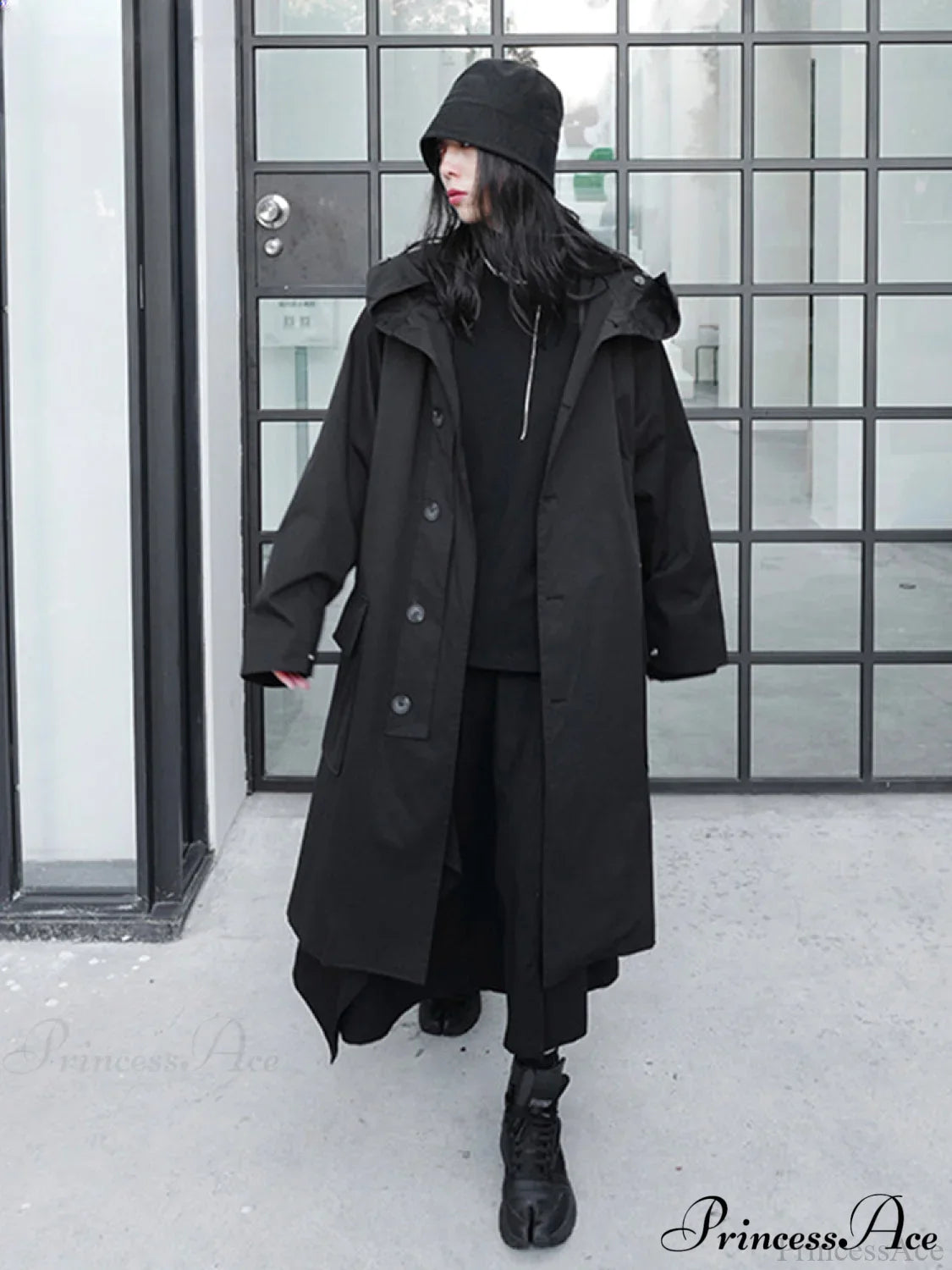Spring Autumn Long Oversized Black Hood Dark Aesthetic Luxury Designer Stylish Coat image 3
