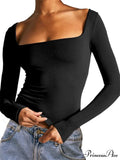 Spring Fall Slim Cropped Solid Color Long Sleeve Square Neck T-shirts image 1
