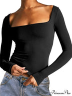 Spring Fall Slim Cropped Solid Color Long Sleeve Square Neck T-shirts image 1