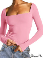 Spring Fall Slim Cropped Solid Color Long Sleeve Square Neck T-shirts image 6