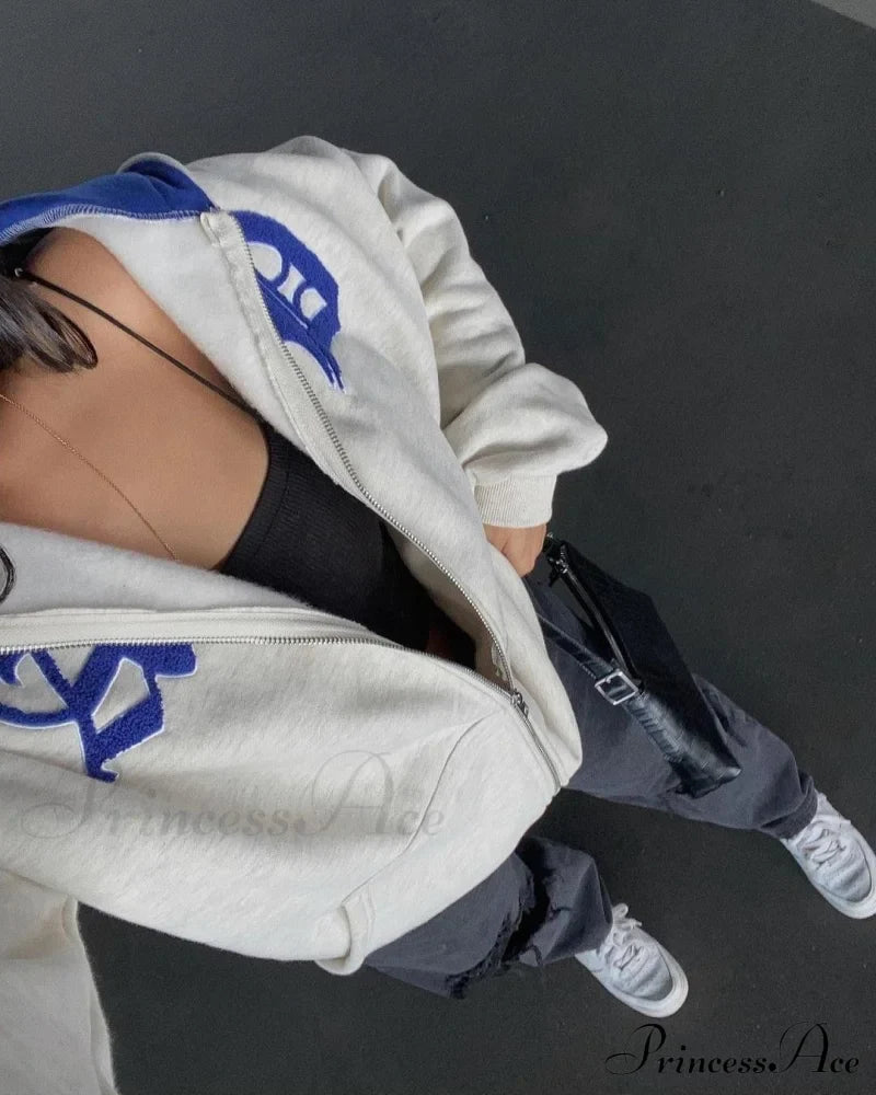 Spring Hoodie Hop Zipper Y2K Oversized Women's Gray Embroidery Letter Streetwear Punk Hip Sweatshirt image 9
