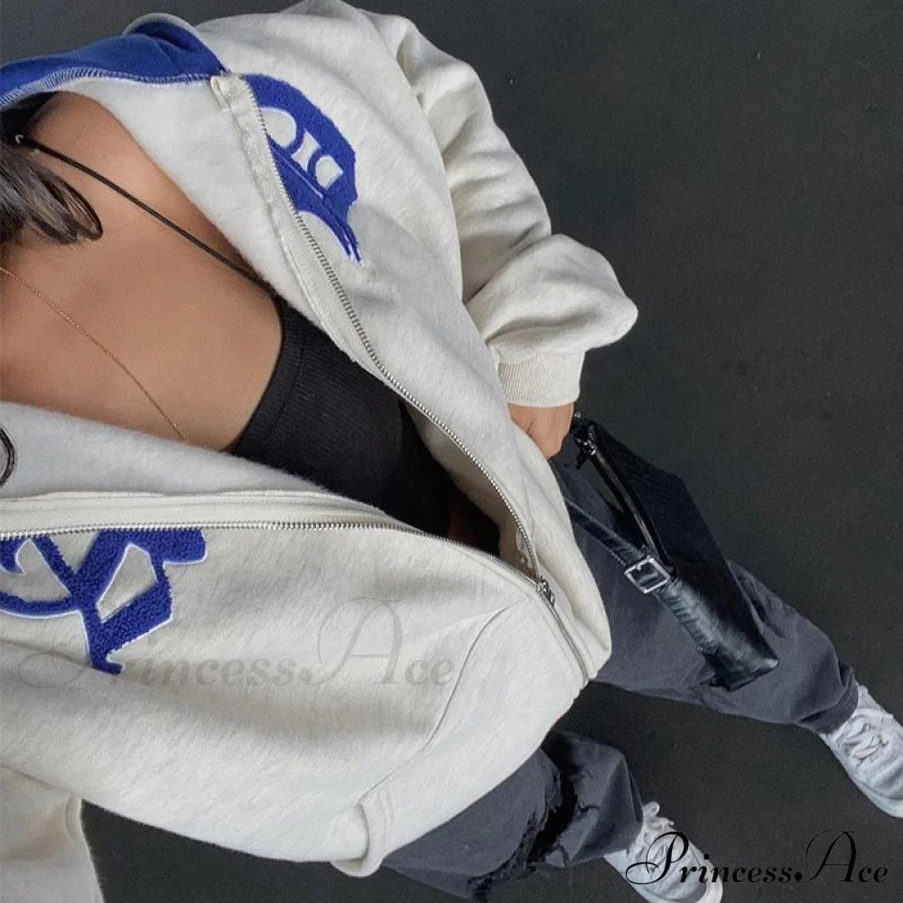 Spring Hoodie Hop Zipper Y2K Oversized Women's Gray Embroidery Letter Streetwear Punk Hip Sweatshirt image 5
