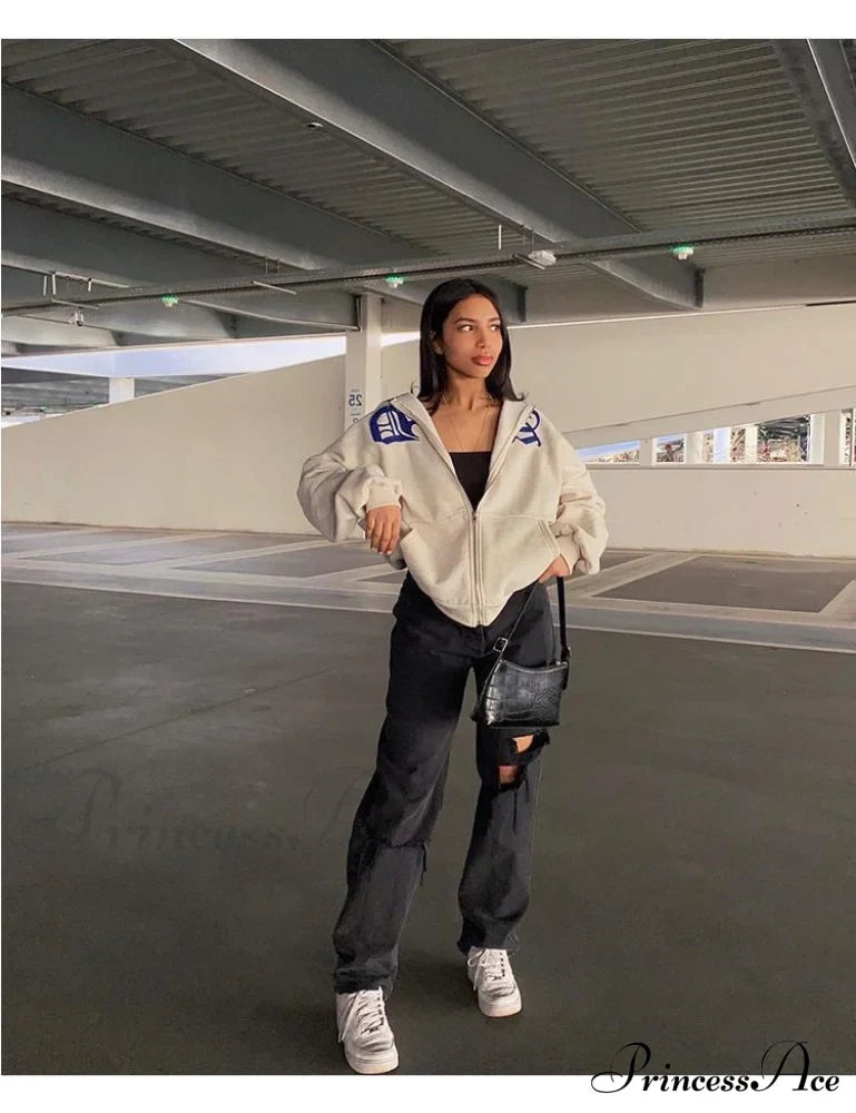 Spring Hoodie Hop Zipper Y2K Oversized Women's Gray Embroidery Letter Streetwear Punk Hip Sweatshirt image 2