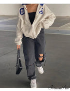 Spring Hoodie Hop Zipper Y2K Oversized Women's Gray Embroidery Letter Streetwear Punk Hip Sweatshirt image 1