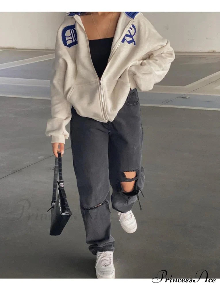Spring Hoodie Hop Zipper Y2K Oversized Women's Gray Embroidery Letter Streetwear Punk Hip Sweatshirt image 1