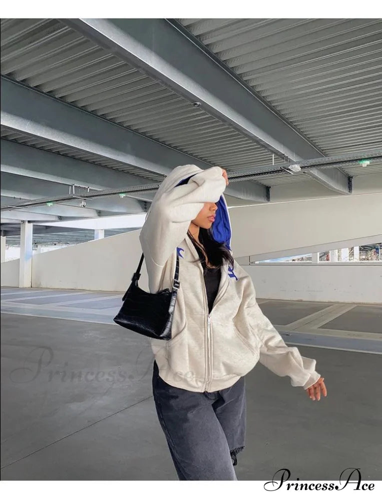 Spring Hoodie Hop Zipper Y2K Oversized Women's Gray Embroidery Letter Streetwear Punk Hip Sweatshirt image 6