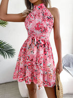 Spring Summer Floral Halter Neck Lace-up A-line Floral Dress image 1