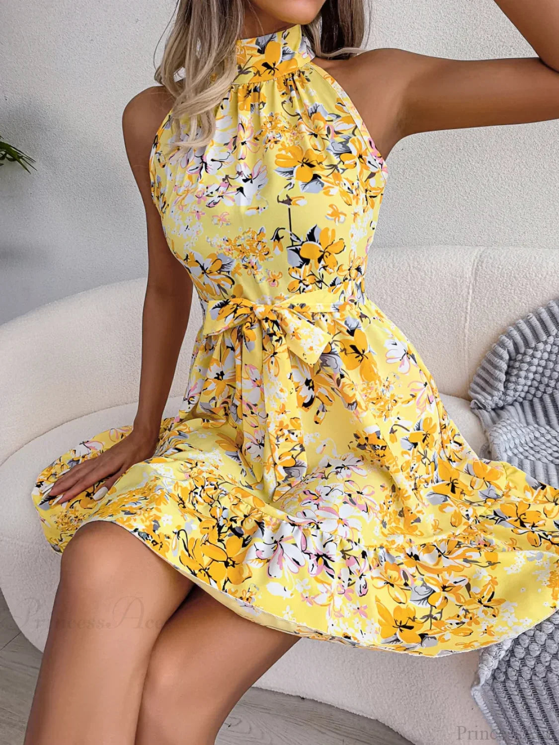 Spring Summer Floral Halter Neck Lace-up A-line Floral Dress image 5